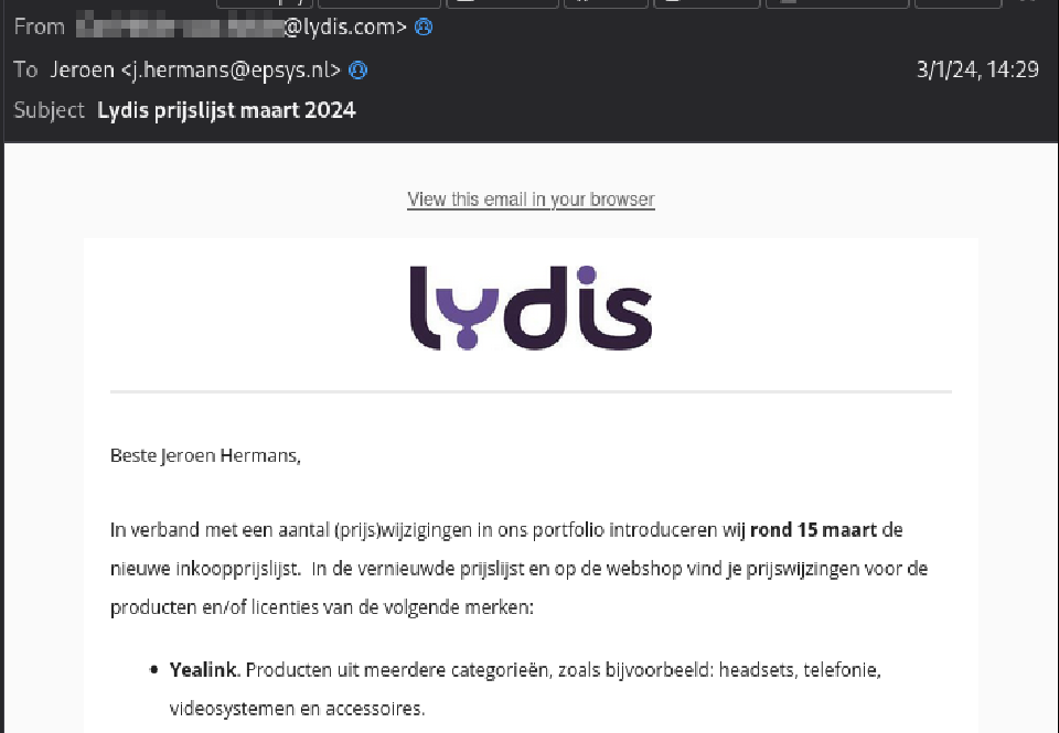screenshot email prijslijst Lydis