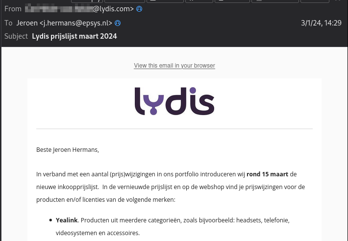 screenshot email prijslijst Lydis